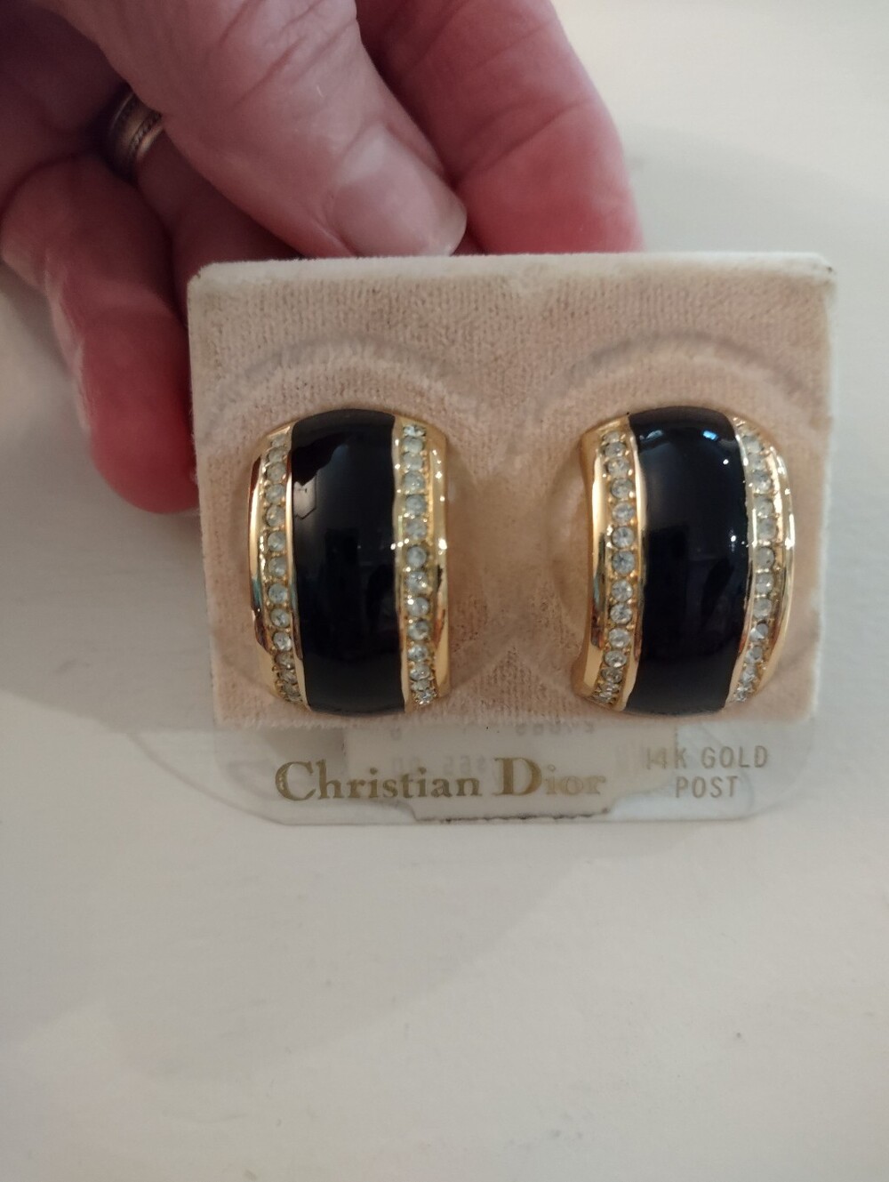 Christian Dior 14K Gold Post Half Hoop Black Enamel Earrings Vintage On Card